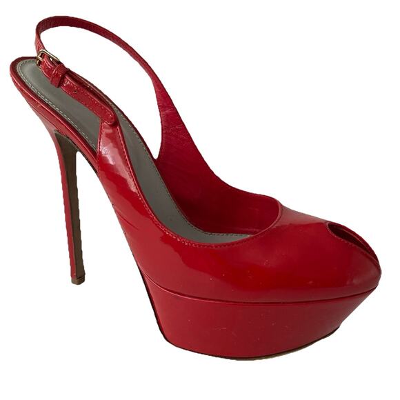 Sergio Rossi Pump Cachet Red Peep Patent Leather Platform Slingback Slim… - Picture 1 of 12